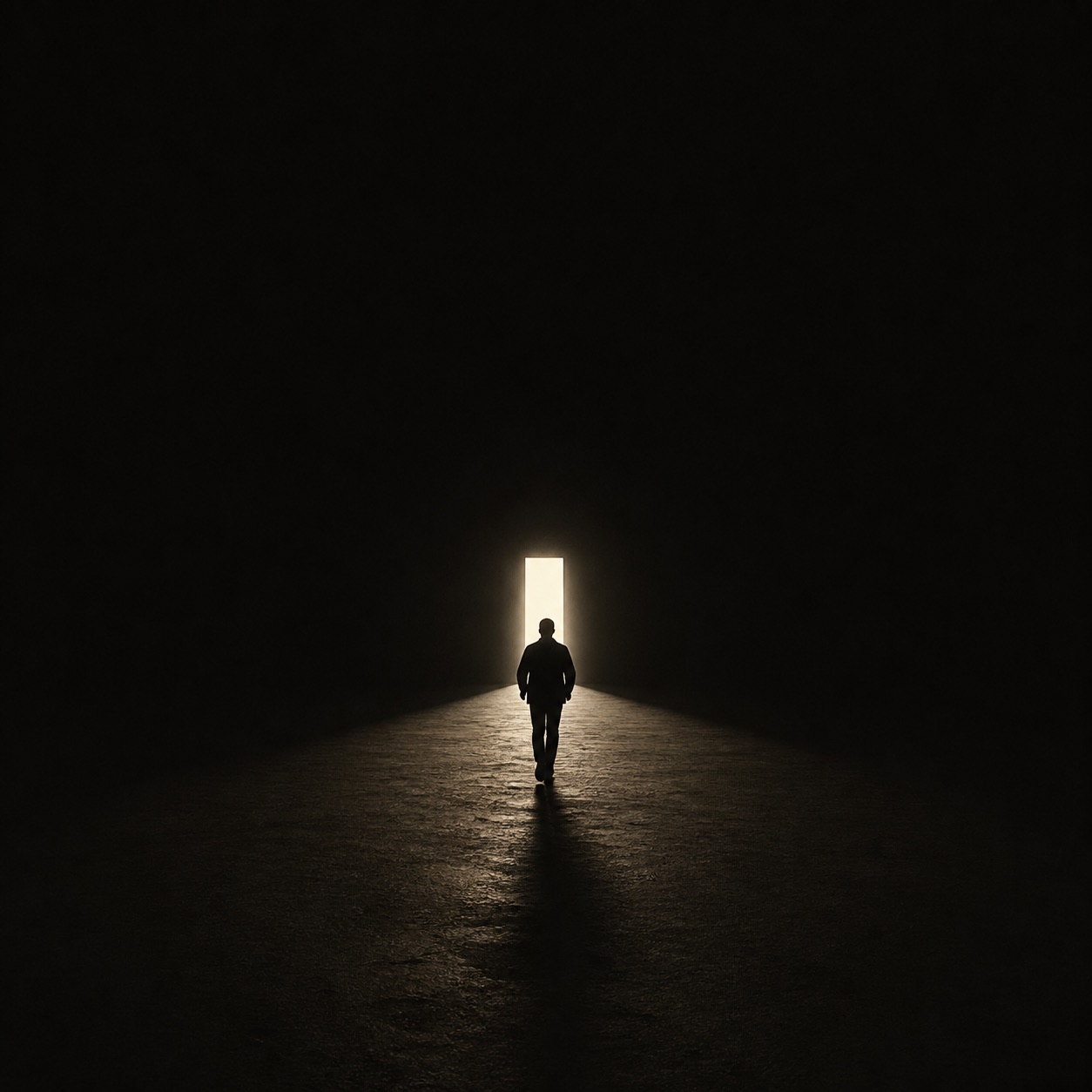 A lone figure walking toward a warm doorway in a dark open space.